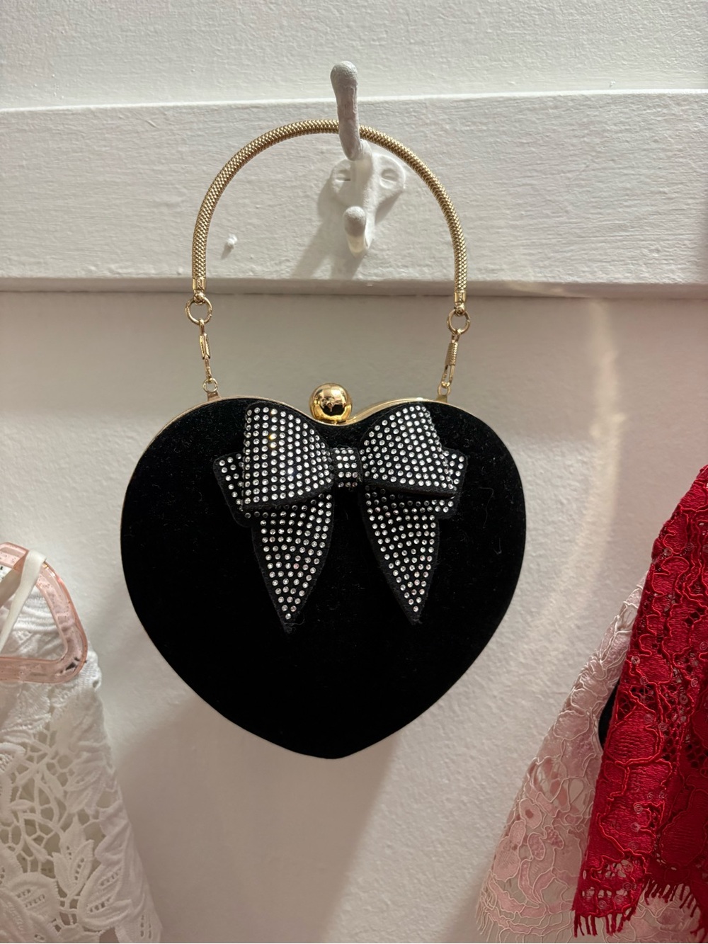Monnalisa Black Velvet Heart Crystal Embellished Bow Evening Bag Gold Handle